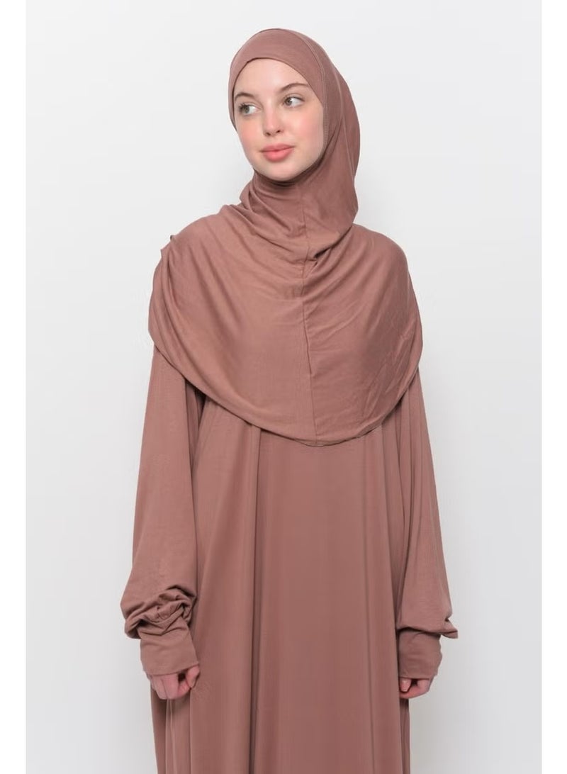 Altobeh Practical One Piece Cotton Bat Sleeves Removable Organic Hijab Prayer Dress with Headscarf - Earthenware - Image 2